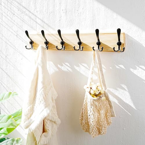 Coat Rack Wall Mounted - 24" Long 6 Tri Hooks, Heavy Duty Wooden Wall Coat Hanger Coat Hook for Clothes Hat Jacket Clothing, Weathered Light Natural and Black - color: Light Brown & Black, size: L=24"