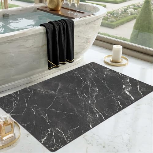 Color&Geometry Black Marble Bathroom Rugs Non Slip,Absorbent Thin Bath Mat | 32"x20" Washable Bath mats for Bathroom,Bath Mat Quick Dry Low Pile Bathroom Rug for Bathtub and Shower Floor - color: Black Marble, size: 20"x32"