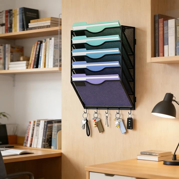 Gawerk Hanging Wall File Organizer with 5 Hooks - Wall Mounted Mail Paper Document Folder Holder, Sturdy Mesh Magazine Rack for Office Home (5 Tier) - size: 5 Tier