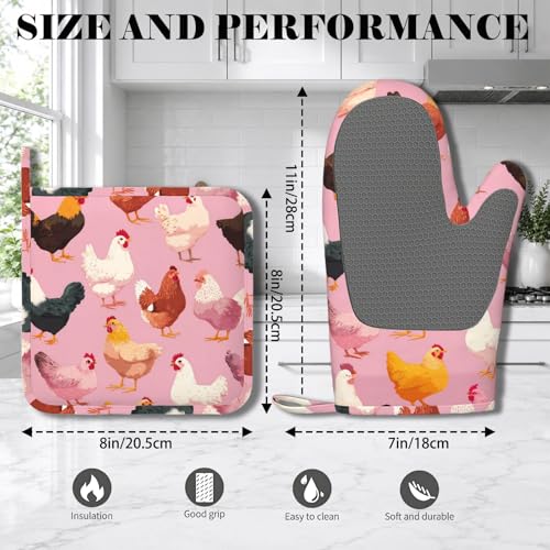 Rooster and Hen Oven Mitts and Pot Holders Sets Cute Chicken Non-Slip Silicone Surface for BBQ Gloves,Kitchen,Cooking,Baking,Grilling - color: Rooster and Hen