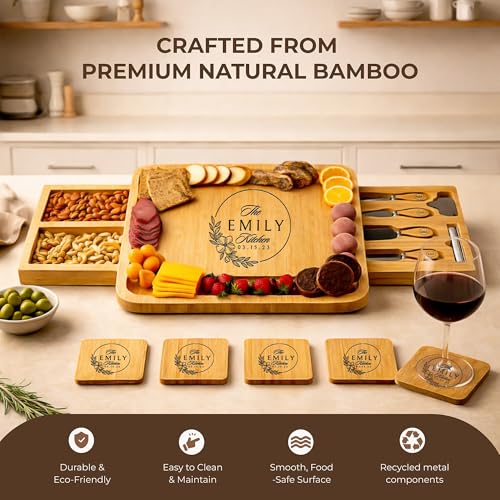 Personalized Bamboo Charcuterie Board with Drawer & Utensils – Custom Cheese & Cutting Board Gift for Wedding, Housewarming, Anniversary, Couples and Personalized Mothers Day Gifts for Mom