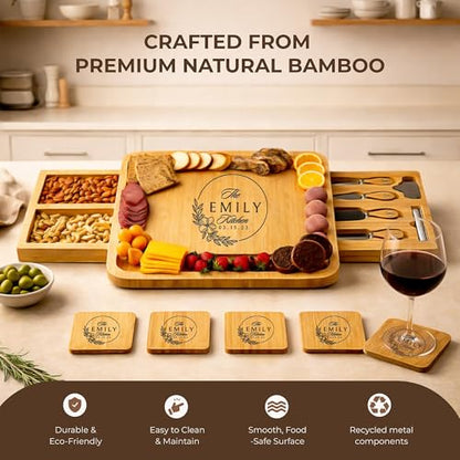 Personalized Bamboo Charcuterie Board with Drawer & Utensils – Custom Cheese & Cutting Board Gift for Wedding, Housewarming, Anniversary, Couples and Personalized Mothers Day Gifts for Mom