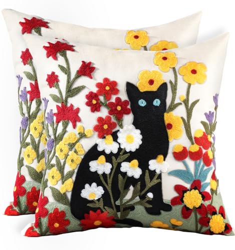 Embroidered Throw Pillow Covers 18x18 Inch - Set of 2 Summer Decorative Pillow Covers with Zipper Aesthetic Cute Design Throw Pillowcases for Couch Sofa Bed, Flower Cats - color: Flower Cats