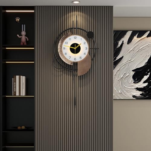 FLEBLE Large Wall Clock Decorative with Voice and Light Sensor Night Light | Glow in The Dark Silent Battery Operated Metal Pendulum Wall Clock for Kitchen Office Bedroom Living Room Decor, 14.9*29inch - size: 14.9*29inch