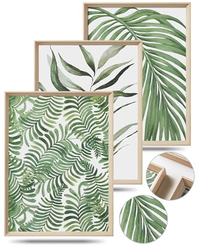 UPWOIGH Sage Green Botanical Framed Wall Art, 12 x 16 Inch, Set of 3 | Watercolor Leaf, Palm and Fern Prints, Sage Green Botanical Design, Light Wood Frames for Bedroom, Office and Gallery Wall - color: Green MDF