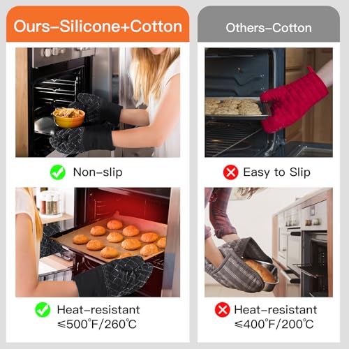Philorn Oven Mitts and Pot Holders Kitchen Oven Glove | High Heat Resistant 260℃ Extra Long Oven Mitts and Potholder with Non-Slip Silicone Surface for Baking, Cooking, BBQ (Black) - color: Black
