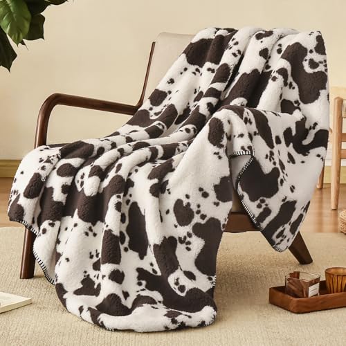 PHF Cute Cow Print Sherpa Throw Blanket for Girls Boys Teens Kids, Reversible Thick and Warm Blanket for Winter, Ultra Soft Fuzzy Animal Pattern Bedding for Bed Sofa Couch, 50x60, Brown - color: Brown, size: Throw(50"x60")