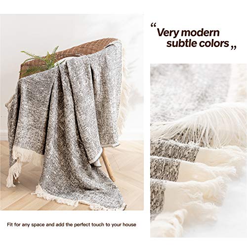 Simple&Opulence Cotton Fringed and Striped Throw Blanket for Bed, Couch,Knit Woven with Tassels Soft Lightweight Cozy Blanket Scarf Shawl Farmhouse Decoration for All-Season (Dark Grey)