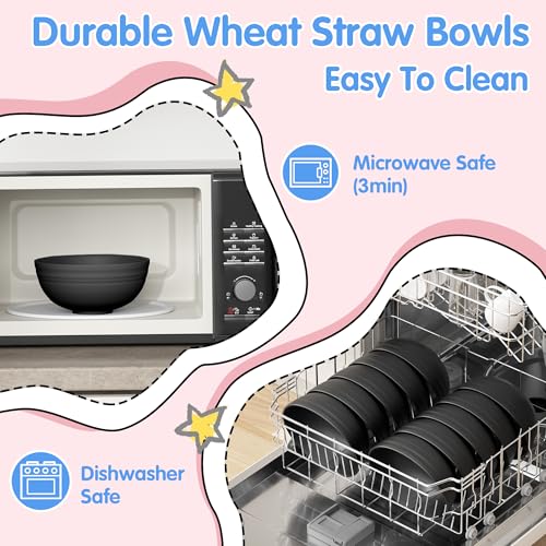 Quatish 14 PCS Cereal Bowls，Plastic bowls,Wheat Straw Soup Bowl,Black | Unbreakable,Dishwasher & Microwave Safe, Easy-to-Clean,Lightweight,Portable,for Camping Salad Kitchen & Picnics,Snack,Small - color: Black