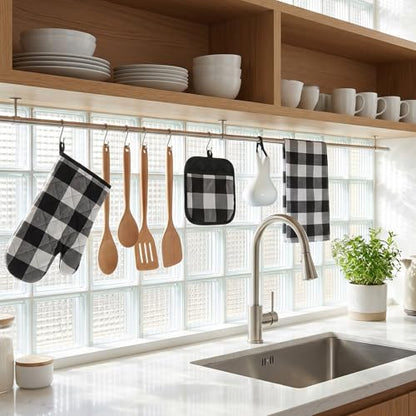 10 Pcs Buffalo Check Dish Towels Pot Holders Oven Mitts Set, Polyester Cotton Plaid Kitchen Napkins & Non-Slip Heat Resistant Oven Gloves & Placemats for Cooking Baking Grilling Farmhouse Decor (Black