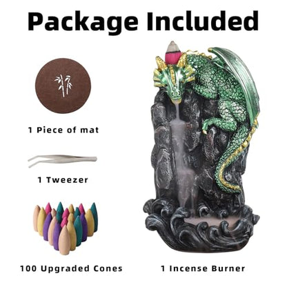 Dragon Backflow Incense Holder Waterfall Incense Burner, with 100 Backflow Incense Cones,1 Mat,1 Tweezers，Aromatherapy Ornamental for Home Office Yoga （Green Dragon） - color: Green
