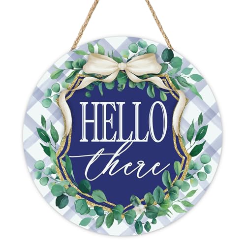 Hello There Front Door Sign, Eucalyptus Leaves Bow Argyle Pastoral | Wood Plaque Hanger Outdoor Outside Porch Home Decor, Farmhouse Rustic Botanical Wooden Wreath Indoor Wall Hanging Decoration - color: Hello