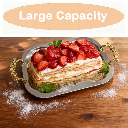 Silver Serving Tray With Handles – BBQ Tray Decorative Platters for Wedding Anniversary Birthday Holiday Gatherings Buffet Charcuterie Serving Rectangular 2 Pack