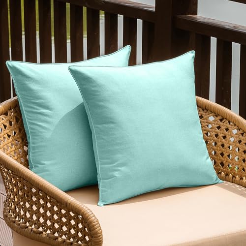 NiNi ALL Outdoor Waterproof Throw Pillow Covers Set of 2 Decorative Farmhouse Garden Pillowcase Solid Cushion Cases for Patio Tent Couch 18x18 inch Lake Blue | Faux Linen Decorative Solid Throw Pillow Covers Farmhouse for Garden Furniture Tent Balcony Cou