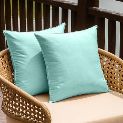 NiNi ALL Outdoor Waterproof Throw Pillow Covers Set of 2 Decorative Farmhouse Garden Pillowcase Solid Cushion Cases for Patio Tent Couch 18x18 inch Lake Blue | Faux Linen Decorative Solid Throw Pillow Covers Farmhouse for Garden Furniture Tent Balcony Cou