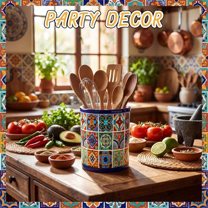 LemonRoad 6.7" H Talavera Utensil Holder for Kitchen Counter Mexican Pottery Ceramic Cooking Utensil Crock Modern Farmhouse Countertop Organizer for Spatula Ladle Kitchen Counter Decor - style: Talavera
