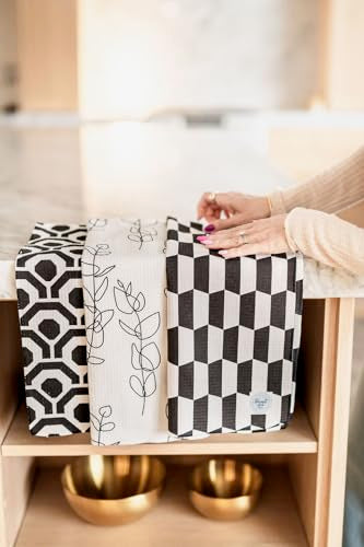 Kitchen Towels, Dish Towels for Kitchen, 3 Pc Kitchen Towel Set | Microfiber Waffle Towels, 16 x 26 inches, with Hanging Loops, Reusable Tea Towels, Cute Kitchen Towels - 3 Pack - color: Black