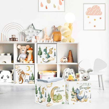 Clastyle 11.8" Dinosaur Storage Basket Set of 3 for Kid Boy Toy Clothes Bin | Collapsible Fabric Book Bin, Metal Frame Bottom Board, Cube Organizer, Closet Nursery Pantry Shelf Bedroom, Boho Dragon - color: Dragon