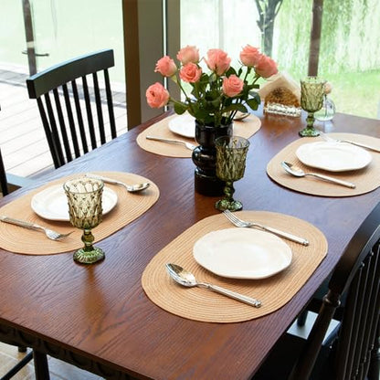 Placemats Set of 4, Woven Oval Braided Dining Table Mats(Beige Brown) | 12 x 17.5 Inch Size Fits Plates and Flatware; Hand Washable and Heat Resistant for Kitchen Use, with Farmhouse and Boho Style - color: Beige Brown, size: 4 pcs