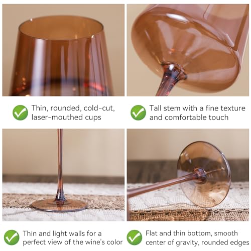 Brown Wine Glasses Set of 6,18oz Dark Amber Wine Glassware Gift Set for Party Brown Hand Blown Glass Drinkware for Red White Wine gifts set for wine lovers - color: Dark Amber