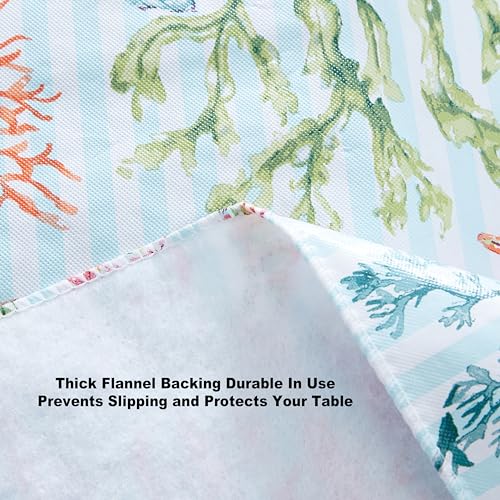 Newbridge Vinyl Oval Tablecloth with Flannel Backing, 60 x 84 Inch, Neponsit Sea Life, Waterproof, Soil Resistant Dining Room, Party and Banquet Table Cover, Starfish, Seahorses and Coral, Blue - size: 84" x 60" (Oval)