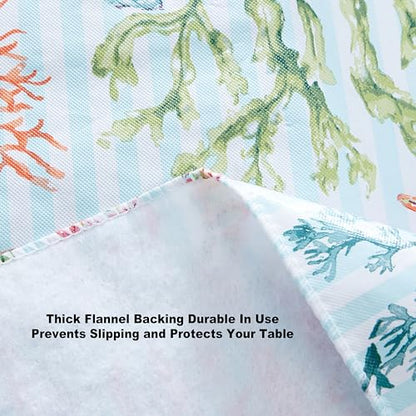 Newbridge Vinyl Oval Tablecloth with Flannel Backing, 60 x 84 Inch, Neponsit Sea Life, Waterproof, Soil Resistant Dining Room, Party and Banquet Table Cover, Starfish, Seahorses and Coral, Blue - size: 84" x 60" (Oval)