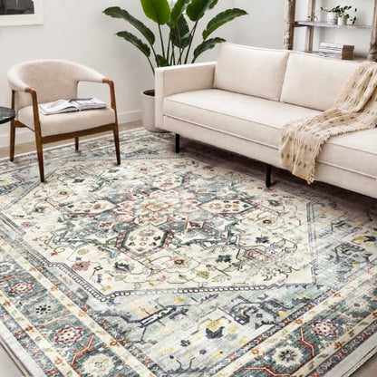 CHAMPLANT Washable Area Rug 8'x10' Cyan Khaki Retro Boho Design Non-Shedding Non-Slip Easy Care Ideal for High Traffic Areas in Living Room Bedroom Office Coffee Table Kitchen Large Carpet - color: Cyan Khaki, size: 8' x 10' (Rectangular)