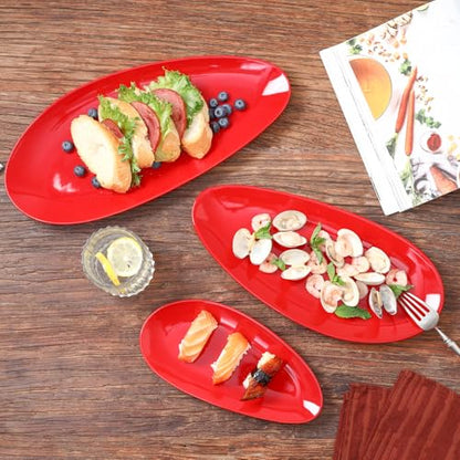 vicrays Large Oval Serving Platters, 16"/14"/10" Porcelain Serving Platters for Party, BBQ,Stackable Serving Trays Serving Plates for Appetizers, Sushi, Restaurant, Dessert, Set of 3 (Red) - color: Red