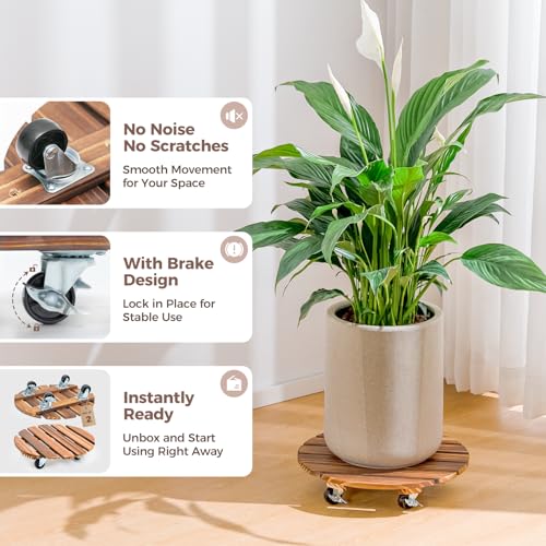 Bamworld Plant Stand with Wheels Plant Caddy Outdoor 4 Pack 12in Rolling Planter Caddy with Swiveling and Lockable Caster for Indoor Patio Plant Dolly Wood Wheeled Mobile Roller - size: 12inch-Round-4 pack