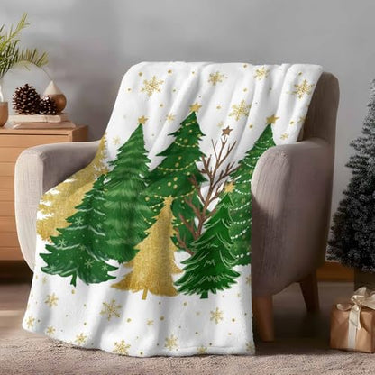Christmas Tree Throw Blanket, Snowflakes Winter Xmas Super Soft Warm Flannel Blankets for Bed Couch Sofa Green Gold Tree Stars Lightweight Fluffy Plush Bed Throws 50x60 Inch - color: Green White, size: 50''x60''