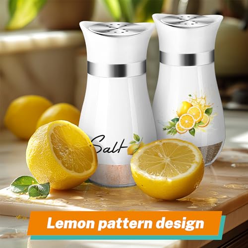 Lemon Salt and Pepper Shakers - 4 oz Glass Set with Stainless Steel Lids | Lemon Design with Glass Bottoms and Stainless Steel Lids Adds Farmhouse Charm to Kitchens and Makes Refilling Easy. - color: Lemon