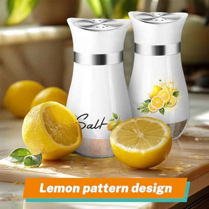 Lemon Salt and Pepper Shakers - 4 oz Glass Set with Stainless Steel Lids | Lemon Design with Glass Bottoms and Stainless Steel Lids Adds Farmhouse Charm to Kitchens and Makes Refilling Easy. - color: Lemon