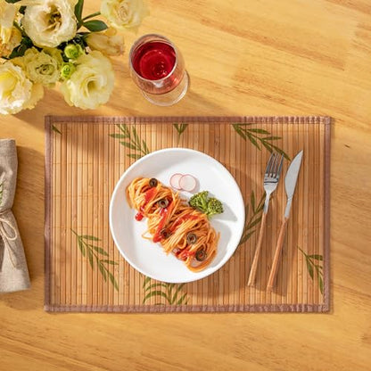 LOVECASA Placemats Set of 6, Bamboo Table Mats Set with Leaf Pattern, 18'' × 12'' Woven Placemat, Washable Heat-Resistant Place Mats for Kitchen, Brown Leaf - color: Brown
