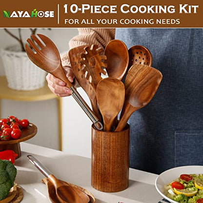 10PCS Teak Wooden Utensils Set With Holder & Spoon Rest, Stainless Handle | Non-scratch, Durable, Non Toxic, Non-Stick, Smooth Finish, Easy to Clean, Comfort Grip, House Warming Gift - size: 10Pcs Set