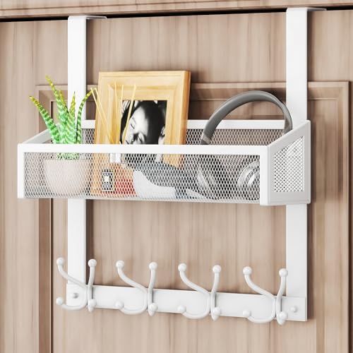 HapiRm Over The Door Hanger - Over The Door Hooks with Mesh Basket and 16 Hooks, 304 Stainless Steel Storage Organizer for Bathroom, Bedroom, Kitchen-White - color: White-1 Basket