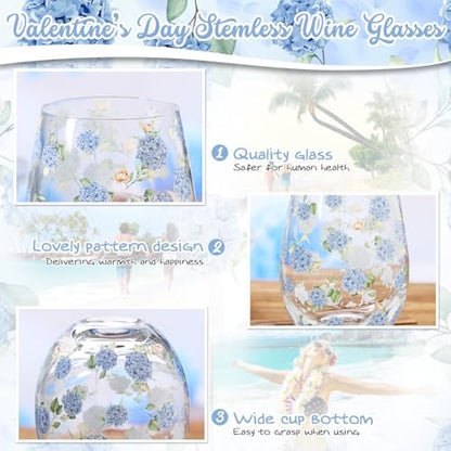 Sliner 2 Pack 17oz Hydrangea Stemless Wine Glasses Spring Summer Floral Drinking Glasses Hydrangea Tumbler Cups for Spring Summer Parties Supplies Birthday Gift - style: Hydrangea