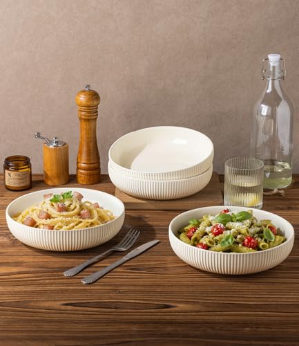8.5" Ceramic Pasta Bowls Set of 4, Salad Bowls | Versatile Serving Bowls for Pasta, Salad, Fruit & Noodles, Housewarming & Wedding Gift, Beige - color: Beige, size: 8.5 Inch