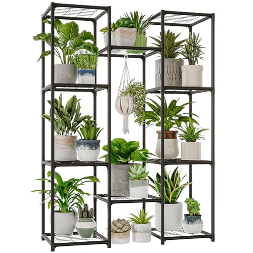 Bamworld Plant Stand Outdoor Metal Plant Shelf for Multiple Plants Large Plant Holder Waterproof for Garden Living Room Patio Morden Home Decor Gardening Gifts - color: Black-10 Pots, style: Cabinet