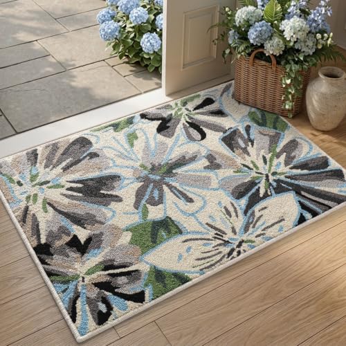 DEXI Front Door Entryway Mat 32x48, Non Slip Entry Doormat, Grey Floral | Washable Low Profile Inside Entrance Rugs, Hand Hooked Loop Pile Welcome Mats Dirt Trapper for House Floor, Garage, Patio - color: Grey Floral, size: 32" X 48" (Rectangular)