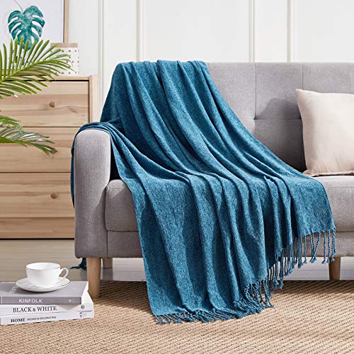 BOURINA Chenille Throw Blanket Knitted Outdoor Blanket,50x60Inch Dark Blue | Chenille Throw Blanket Textured Solid Soft Throws and Blankets for Sofa or Bed Knitted Decorative Blanket - color: Dark Blue, size: 50"×60"