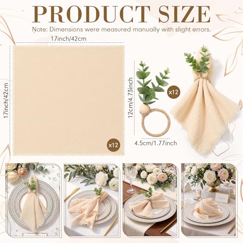 Sawysine 24 Pcs Beige Cloth Napkins with Rings Set 17" x 17" Boho Washable Cotton Dinner Napkins Wedding Eucalyptus Leaf Napkin Rings for Bridal Shower Birthday Party Anniversary Decoration