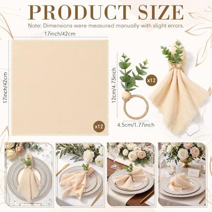 Sawysine 24 Pcs Beige Cloth Napkins with Rings Set 17" x 17" Boho Washable Cotton Dinner Napkins Wedding Eucalyptus Leaf Napkin Rings for Bridal Shower Birthday Party Anniversary Decoration