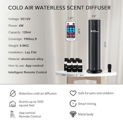 Hotel Waterless Scent Diffuser with 6 Fragrance Oils Covers up to 700 Sq Ft | Cold air scent diffuser with APP control, 6 fragrance oils, open bottle design, quiet operation, for home/office/hotel/ect.