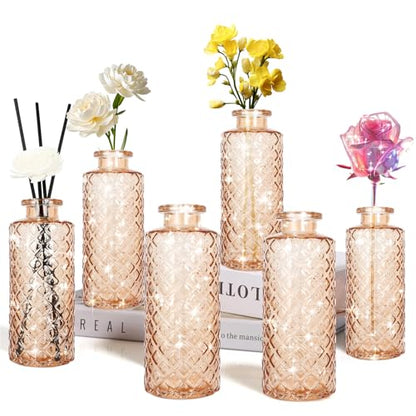 Glass Bud Vase, Flower Bottle, Small Vase, Set of 6, Simple, Solid, for Mum or Lady, Classy Gift for Father's Day, Anniversary, Wedding, Amber - color: Amber
