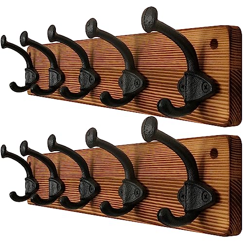 WEBI Rustic Coat Rack Wall Mount,5 Cast Iron Coat Hooks Wall Mounted,Heavy Duty Antique Vintage Hooks for Hanging Coats,Jacket,Clothes,Brown,2 Packs - color: Brown, size: 17 Inch(2 Packs)
