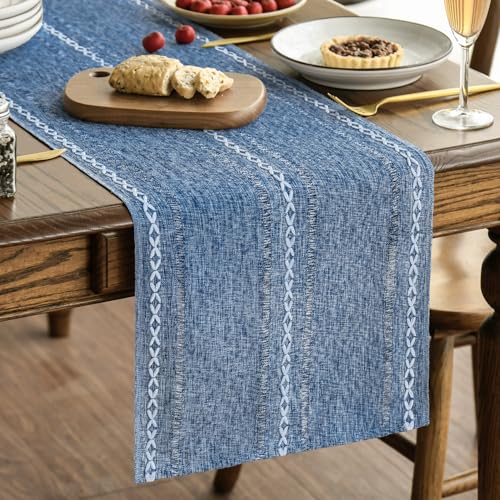 Artoid Mode Blue Rustic Cotton Linen Table Runner, Seasonal Embroidered Hollow Kitchen Dining Table Decoration for Home Party Decor 13x36 Inch - color: Blue, size: 13" x 36"