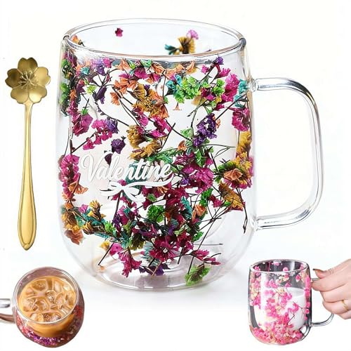 Double Wall Glass Coffee Mugs,Creative Clear Glass Cups with Handle Flowers Double Insulated Cup for Hot Cold Beverages Cappuccino Latte, Heat-Resistant Floral Glasses for Home & Gift Use (Color5) - color: Color5, size: 13 Ounces