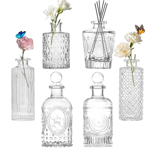 Glass Bud Vases Set of 6 with Stoppers,Small Mini Vases for Flowers,Small Flower Vases Vintage vase Embossed Clear Flower Vase for for Wedding Decorations, Home Table Flower Decor