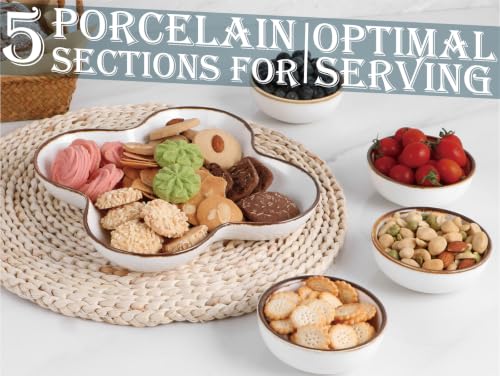 ONEMORE Chip and Dip Serving Set, 8.5 inch Ceramic Divided Serving Platter Small Appetizer Tray with 4 Removable Dishes for Nuts, Candy, Snacks, Veggies, Rustic Serving Bowls for Entertaining