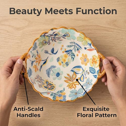 Floral Ceramic Soup Bowls with Handles Set of 2, 20 oz, 7.5 Inch | Floral soup bowls with handles for soup, chili, cereal and baked dishes; wide mouth, oven, microwave and dishwasher safe.